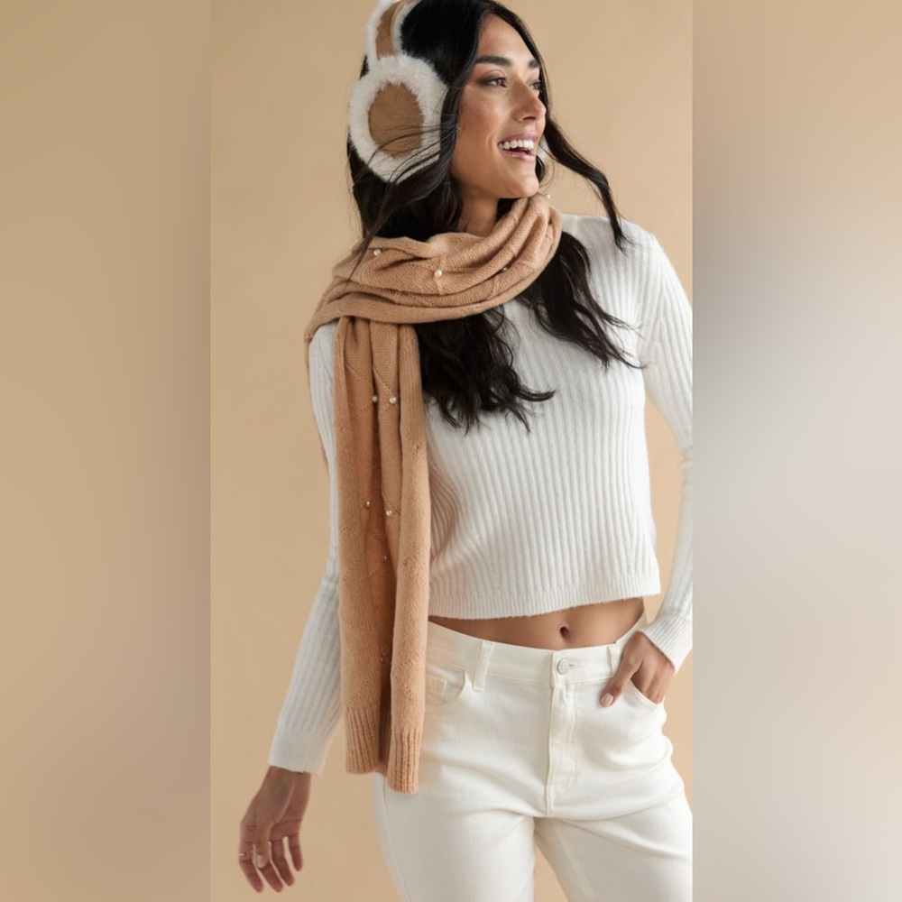 New Francesca's Marsha Cross Pattern Pearl Embellished Taupe Scarf